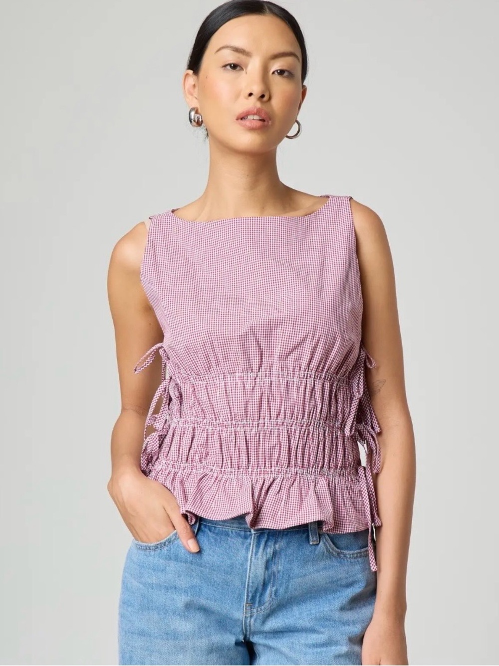 Glassons Gingham Smocked Tie-Detail Tank